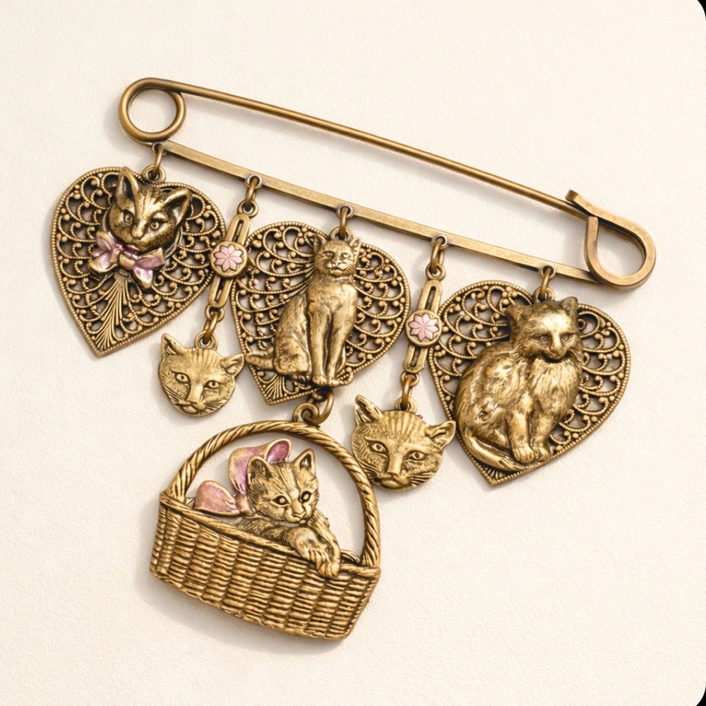 Vintage 70s Brass Cat Chatelaine Brooch Dangle Kitten Pin